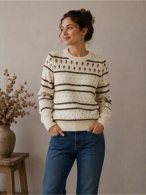 Vtg Cream Fair Isle Knit Sweater - Women's Cozy Pullover